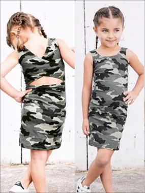 Girls Camo Print T-Shirt Dress with Criss Cross Back