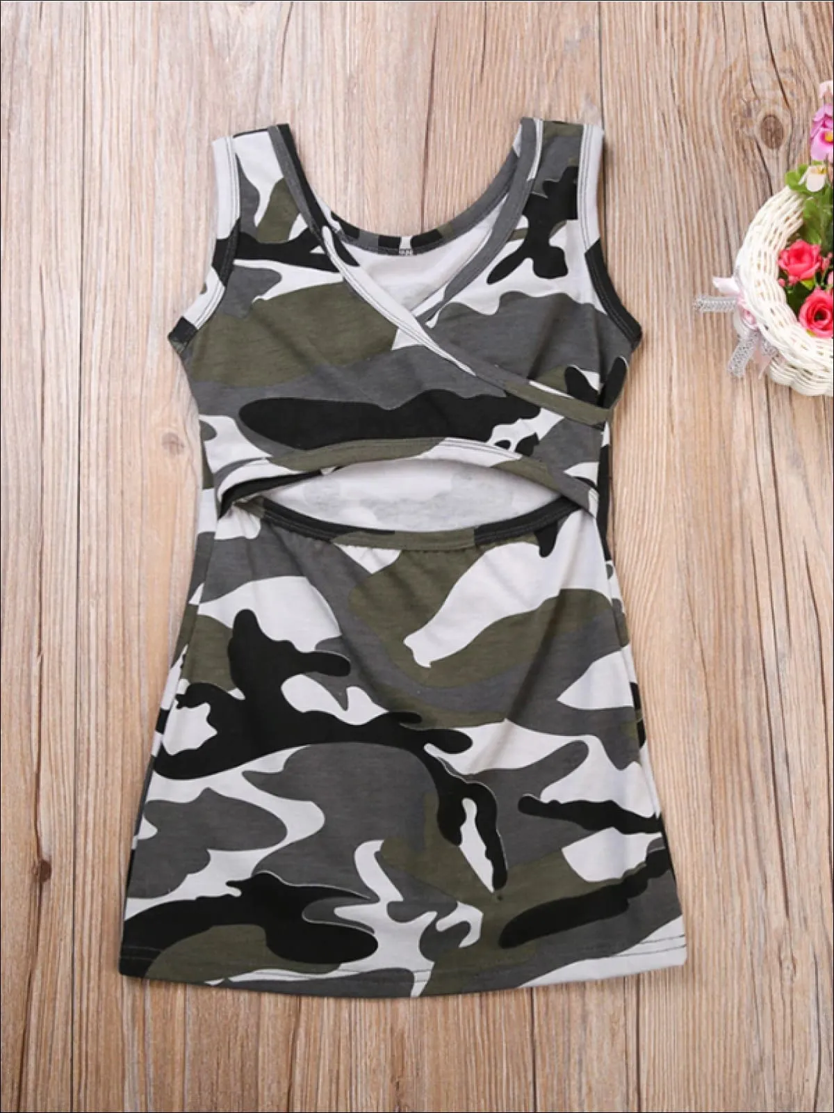 Girls Camo Print T-Shirt Dress with Criss Cross Back