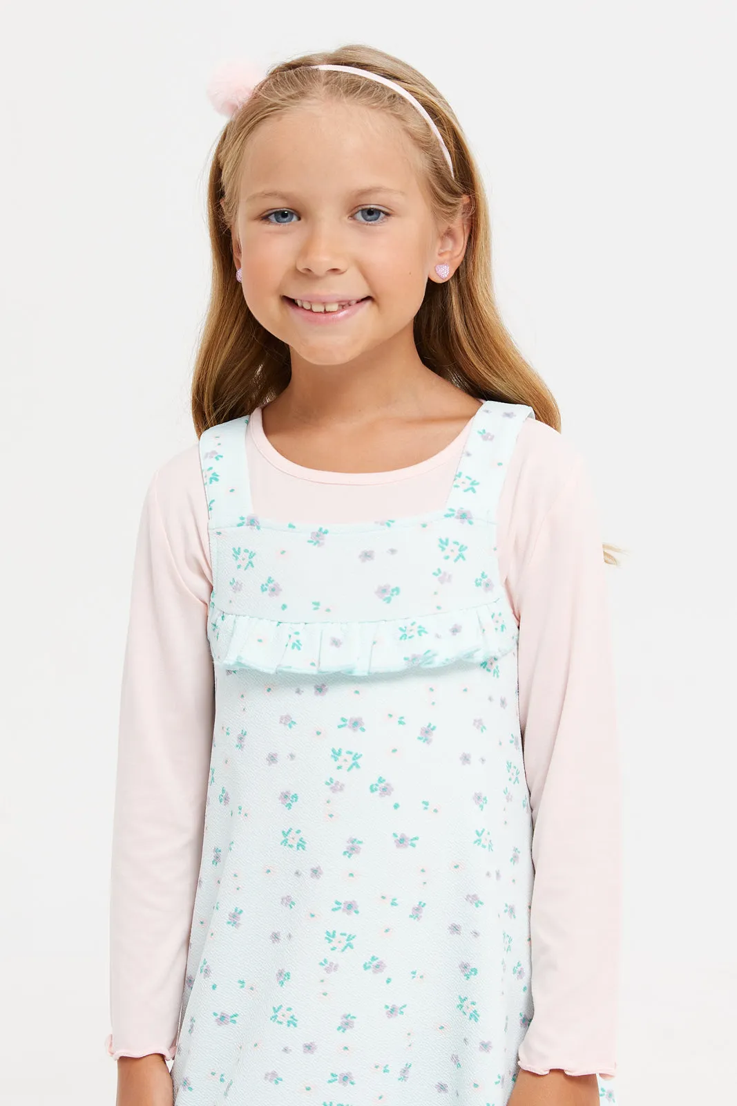 Girls Pink And Teal Printed Dungaree Set (2 Piece)