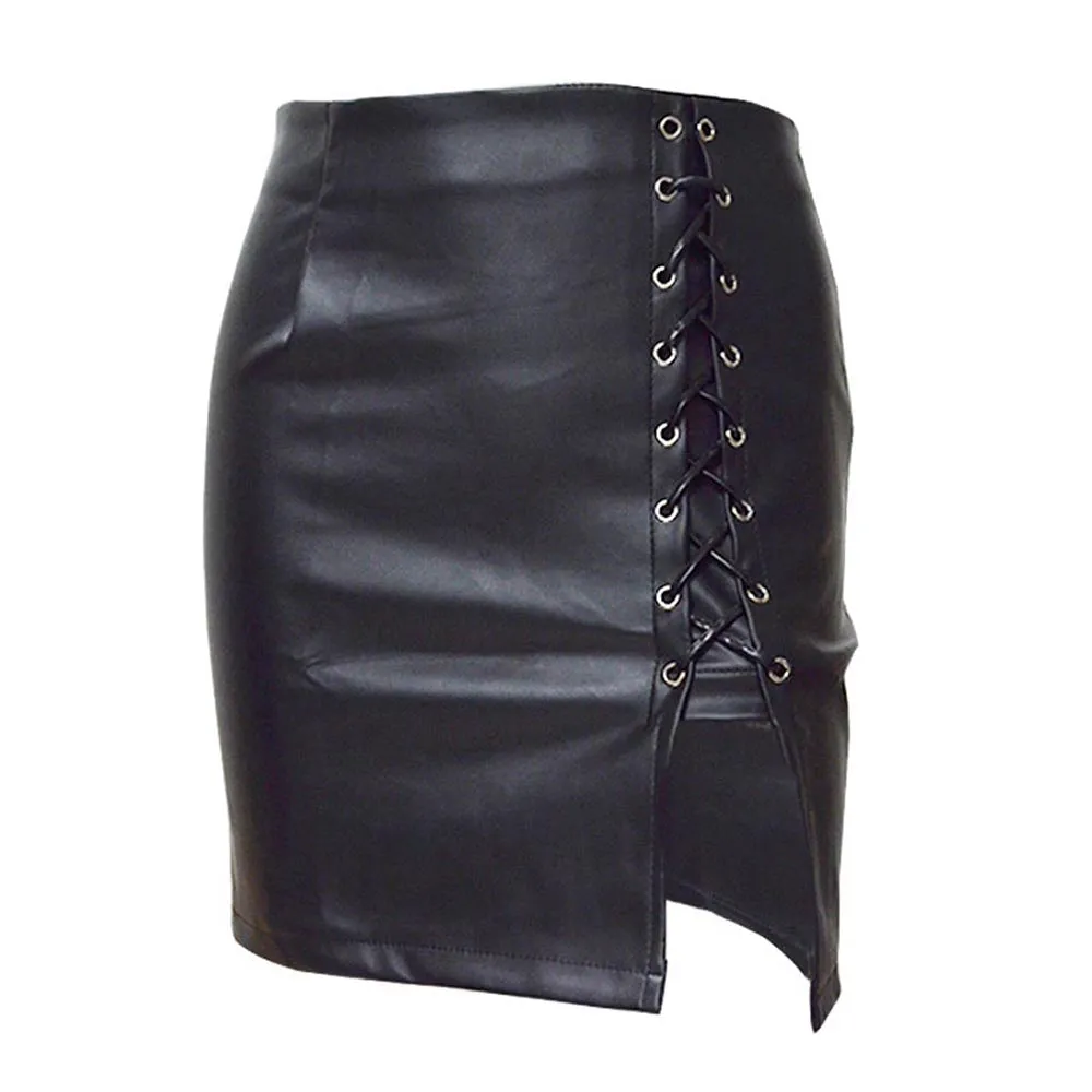 Gothic Faux Leather Skirt High Waist Lace Up Mini Skirt