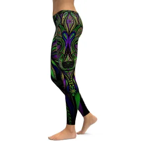 Green Colorful Wolf Leggings