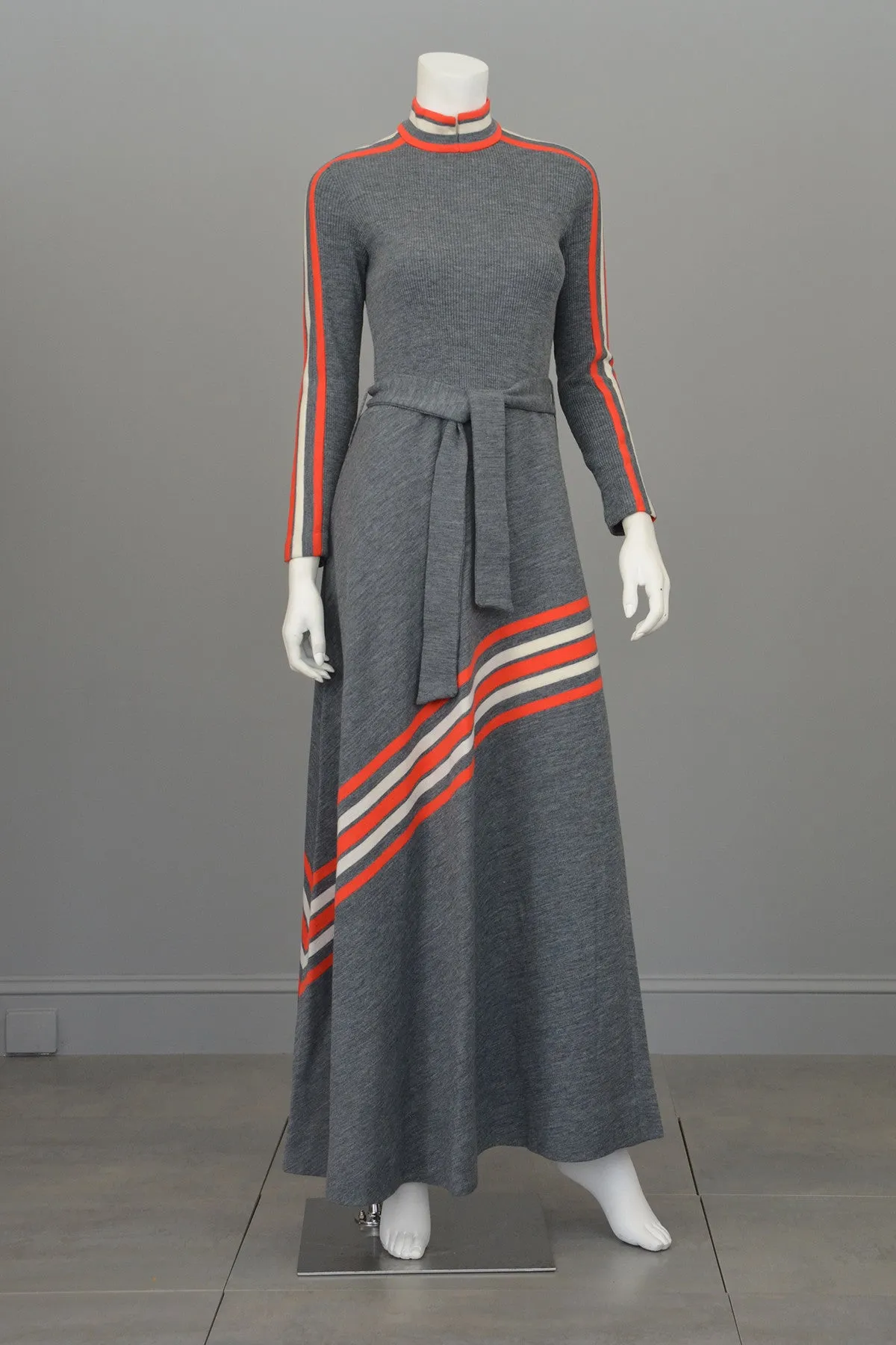 Groovy 1970s MOD Grey and Vermilion Red Striped Knit Maxi Dress by Arbe Made in Italy