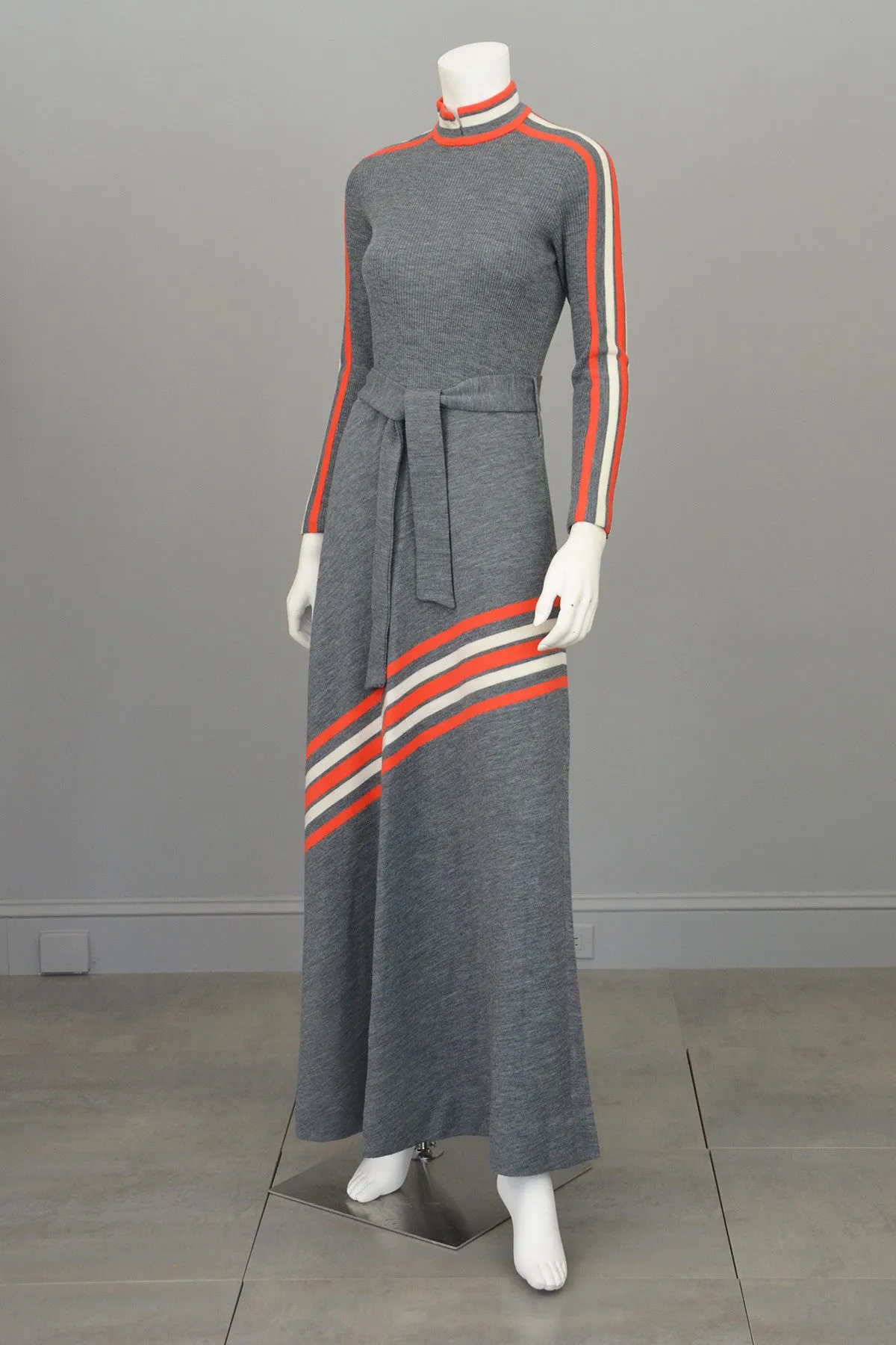 Groovy 1970s MOD Grey and Vermilion Red Striped Knit Maxi Dress by Arbe Made in Italy