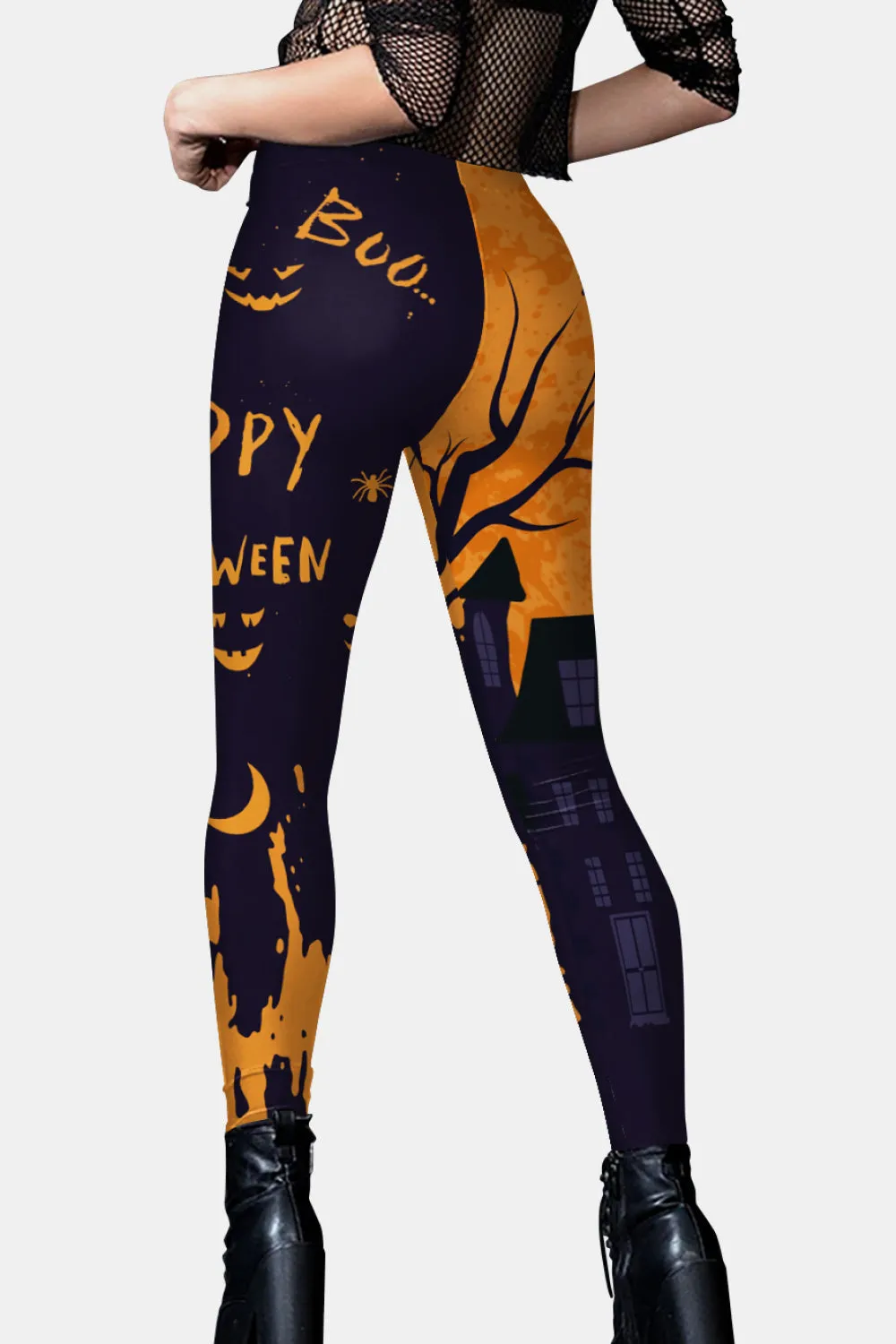 Halloween Elastic Waistband Leggings in Orange/Black