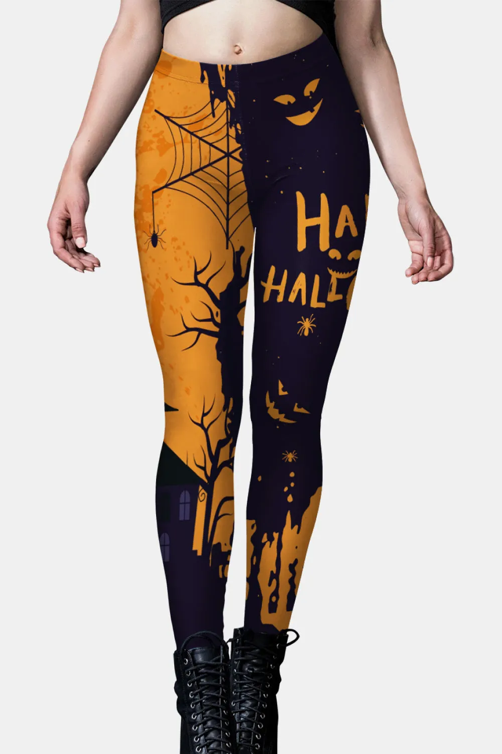 Halloween Elastic Waistband Leggings in Orange/Black