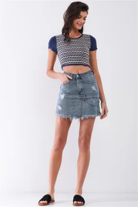 Hot Girl Distressed Effect Raw Hem Utility Denim Mini Skirt