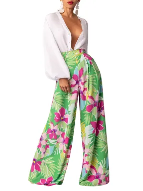 “Itza” Green Pleated Wide Leg Pants