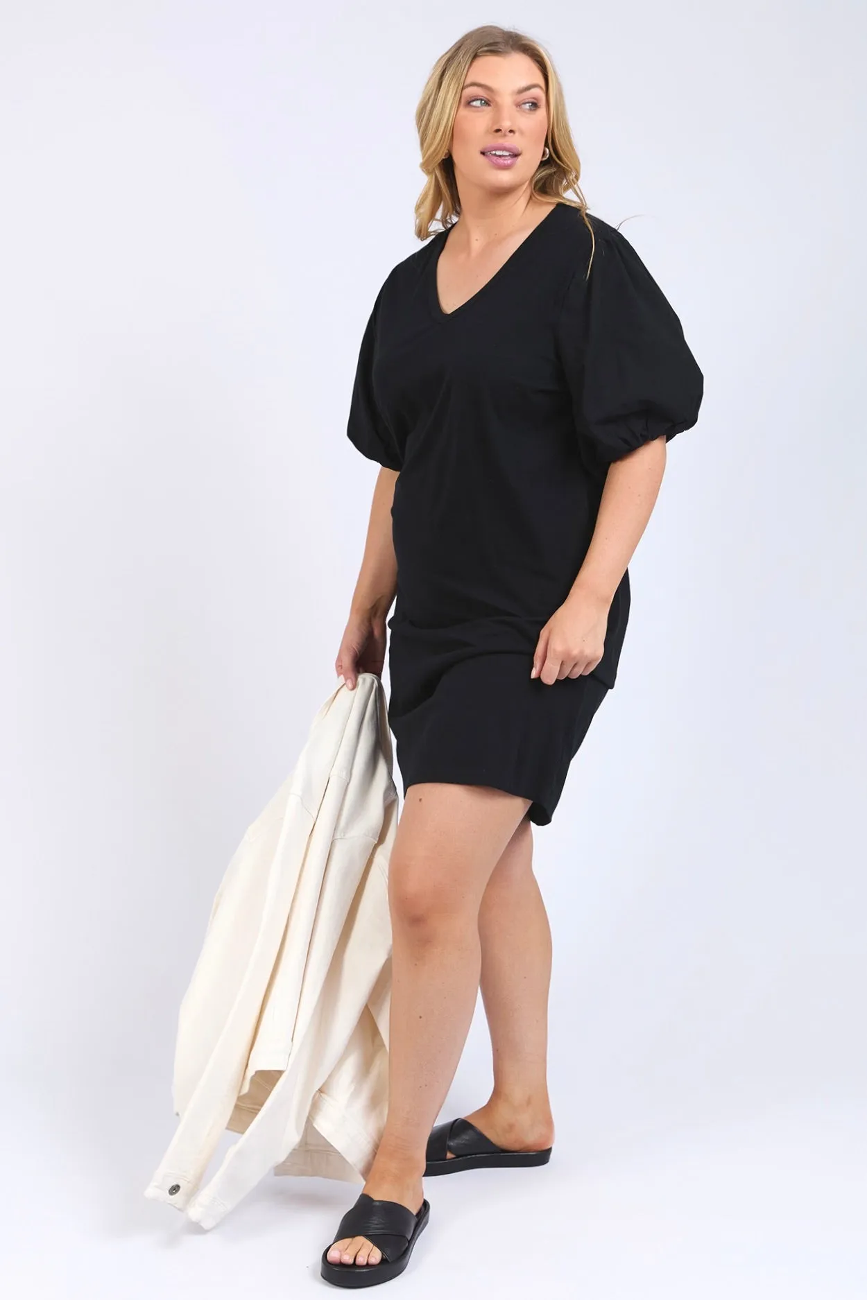 Joy Black Poplin Puff Sleeve Midi Dress