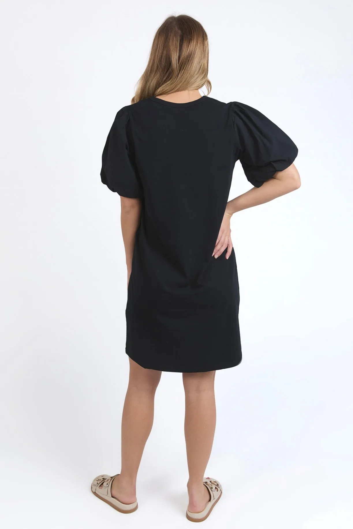 Joy Black Poplin Puff Sleeve Midi Dress