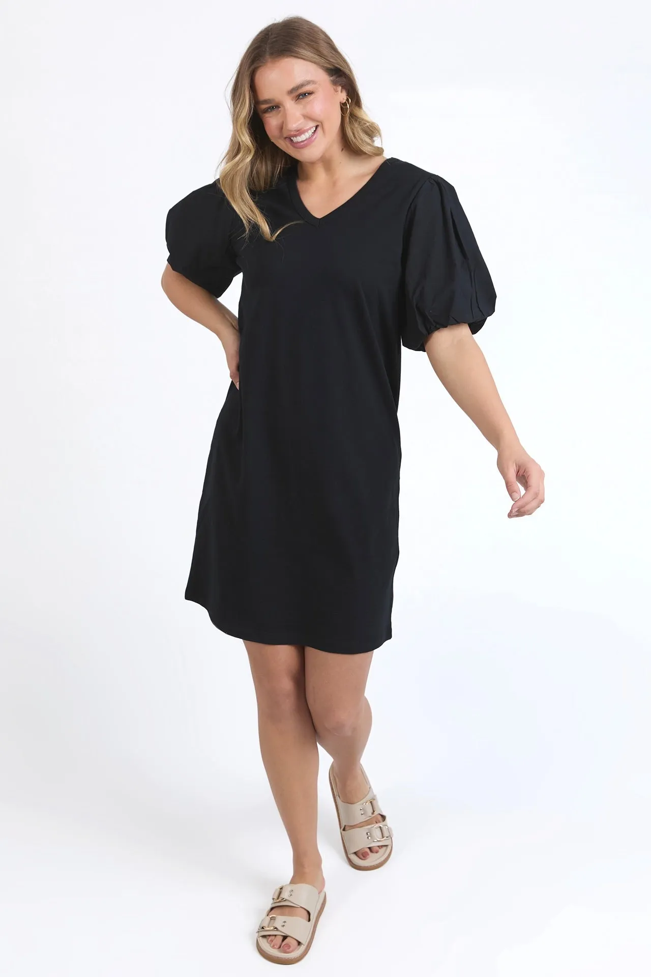 Joy Black Poplin Puff Sleeve Midi Dress