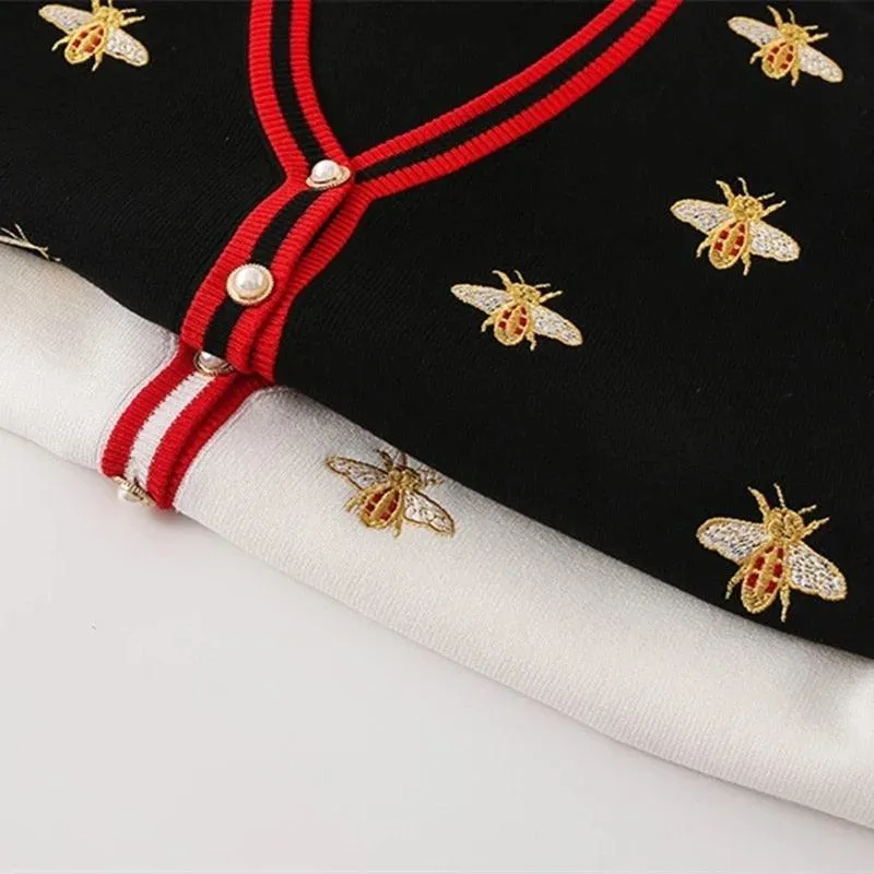 Kawaii Bee Embroidery Cardigan Sweater - Buzzing with Adorable Style! 🐝👚