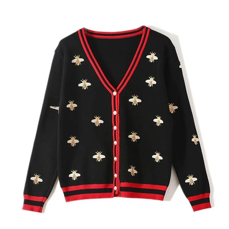 Kawaii Bee Embroidery Cardigan Sweater - Buzzing with Adorable Style! 🐝👚