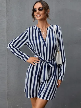 KittenAlarm - V Neck Striped Belted Dress