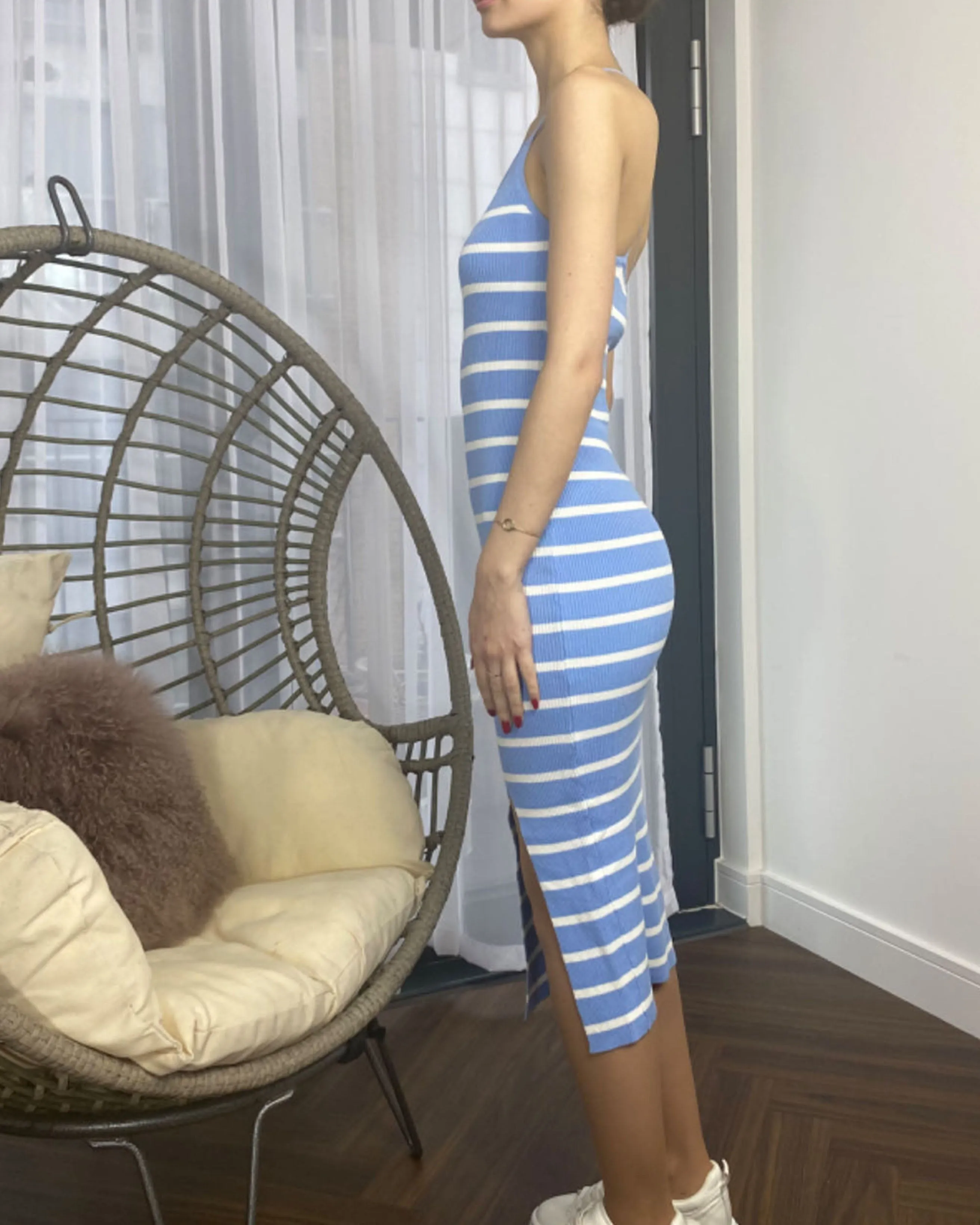 Knitted stripe print with straps design midi bodycon dress in Blue