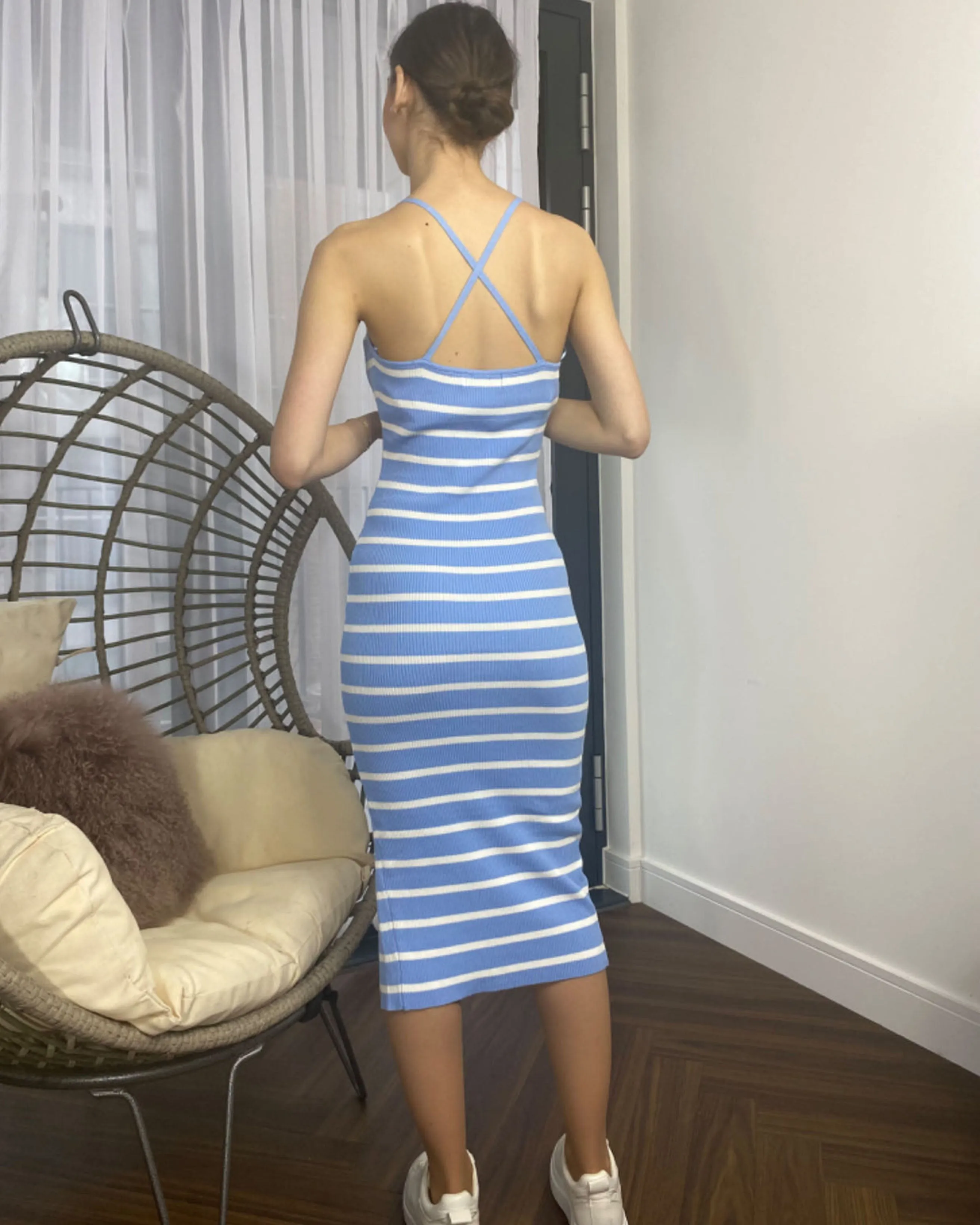 Knitted stripe print with straps design midi bodycon dress in Blue