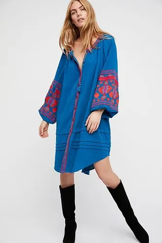 Lantern Sleeve Embroidered Dress In 6 Different Colors You Choose Button Front Shirt Dress Tassel Ties Wear It As A Duster Or Kimono Too Available In Small Medium Large Or Extra Large XL