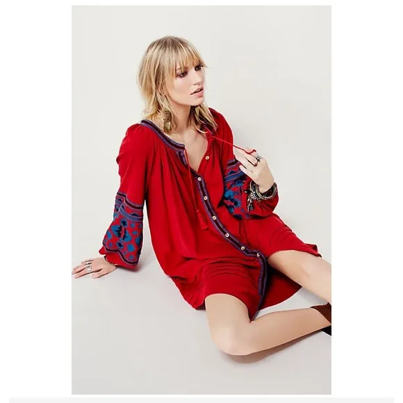 Lantern Sleeve Embroidered Dress In 6 Different Colors You Choose Button Front Shirt Dress Tassel Ties Wear It As A Duster Or Kimono Too Available In Small Medium Large Or Extra Large XL