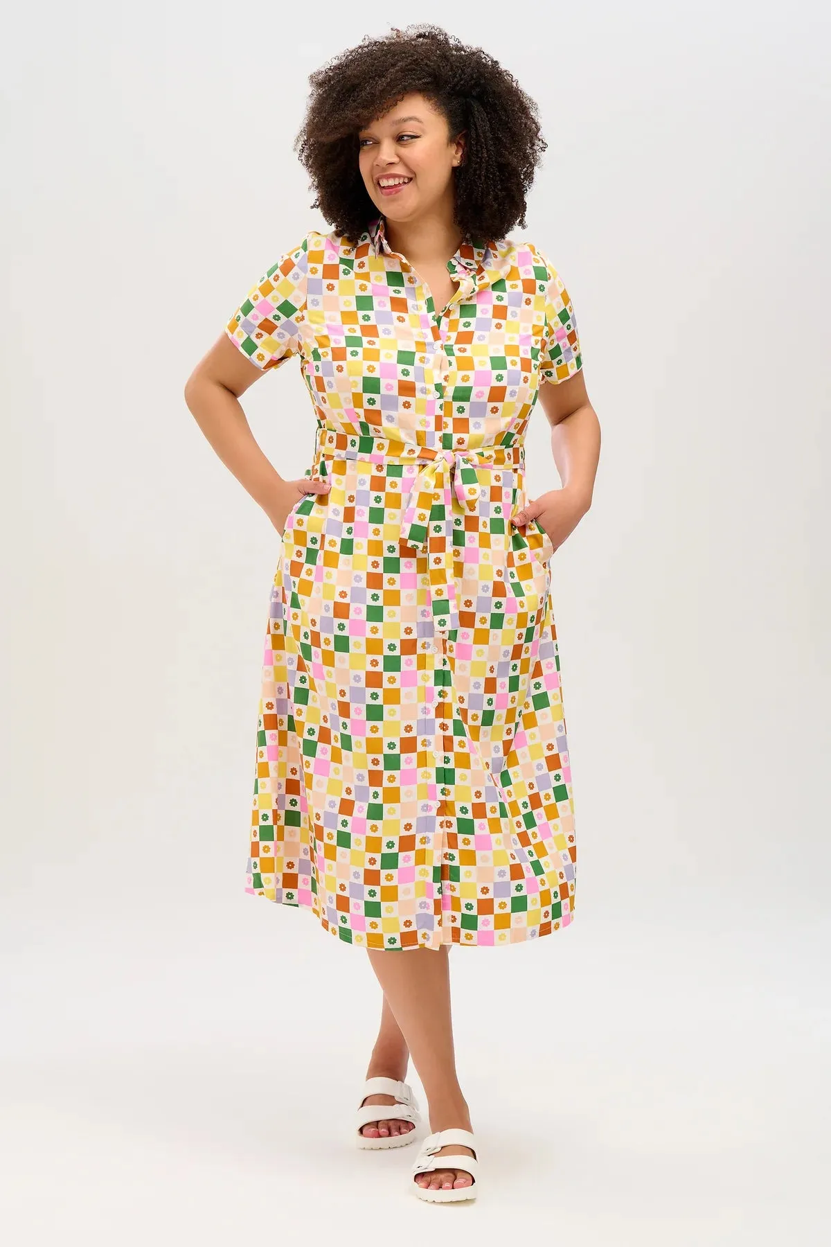 Lauretta Midi Shirt Dress (Multi, Floral Checkerboard)