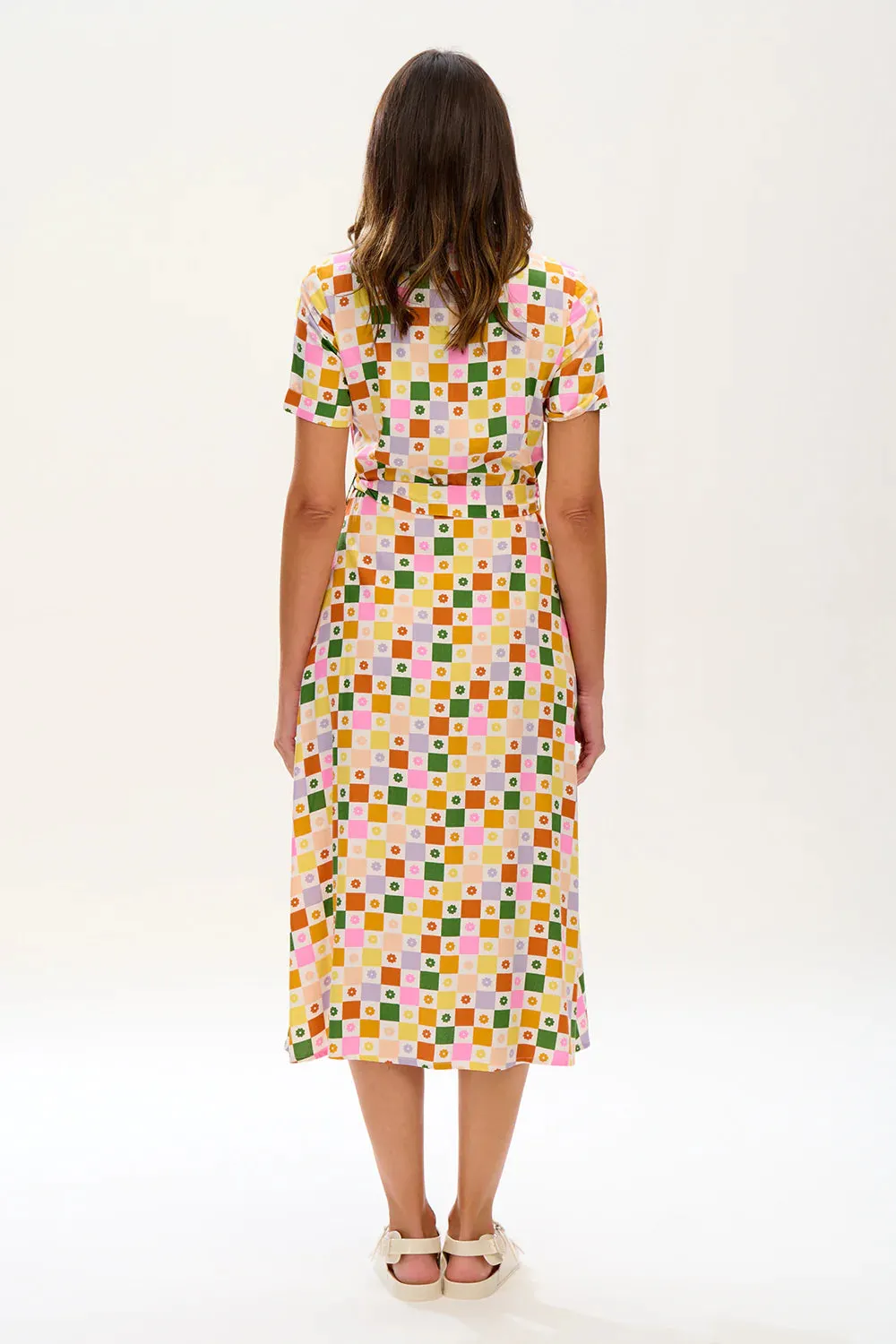 Lauretta Midi Shirt Dress (Multi, Floral Checkerboard)