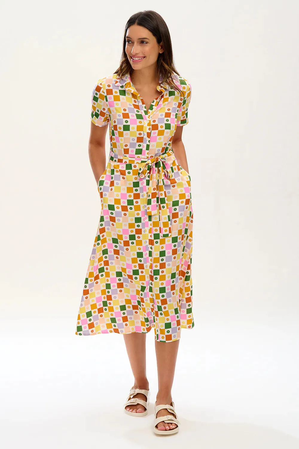 Lauretta Midi Shirt Dress (Multi, Floral Checkerboard)