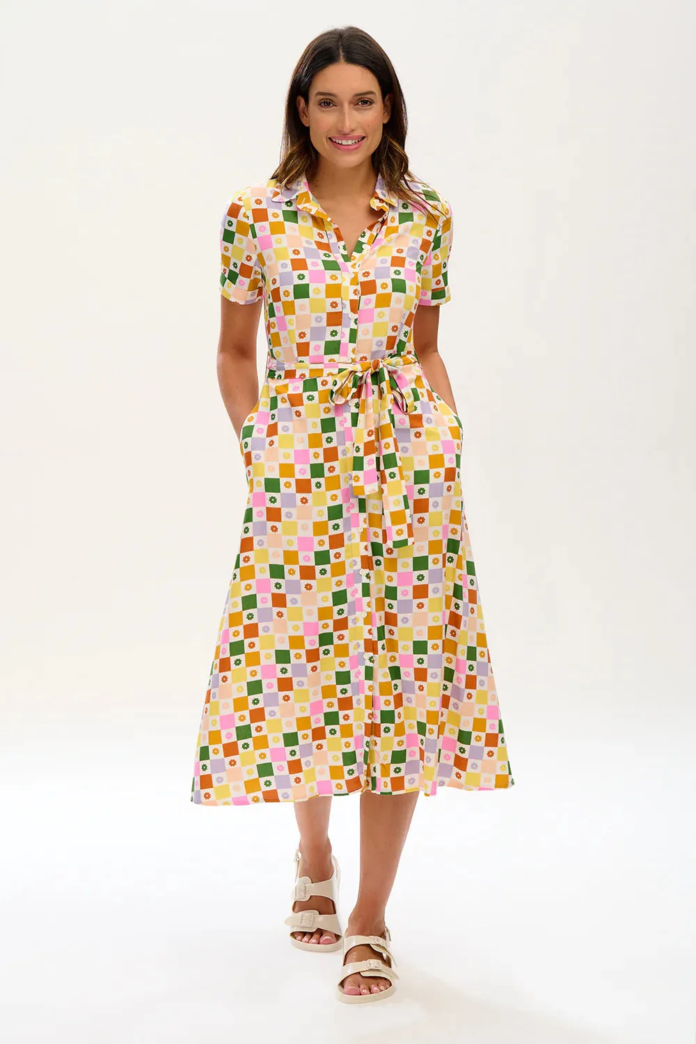 Lauretta Midi Shirt Dress (Multi, Floral Checkerboard)