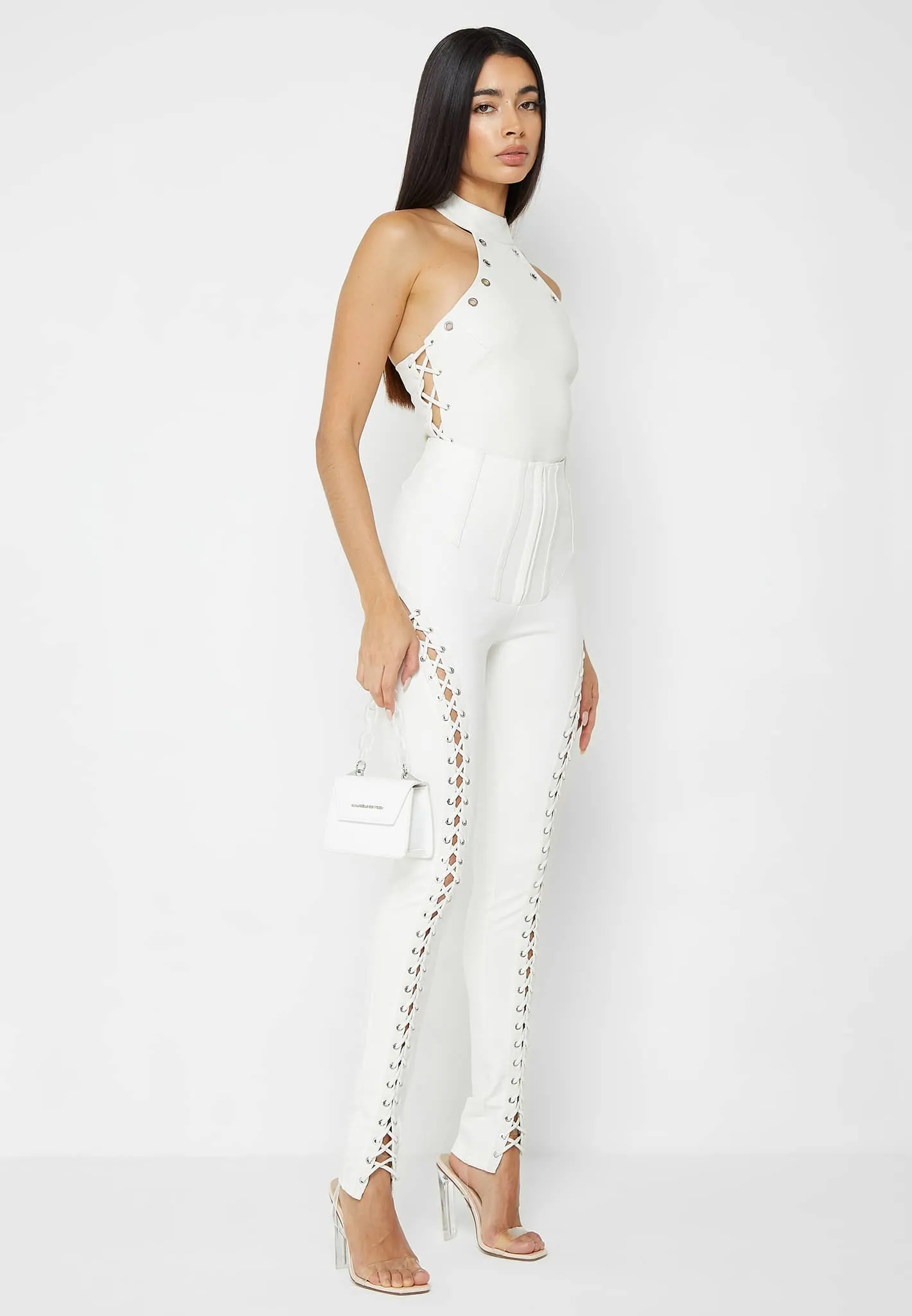 Leather Lace Up Halterneck Bodysuit - White