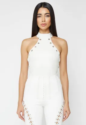 Leather Lace Up Halterneck Bodysuit - White