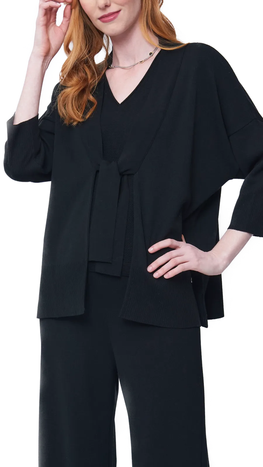 Malia Three-Quarter Sleeved Front-Tie Cardigan; Black