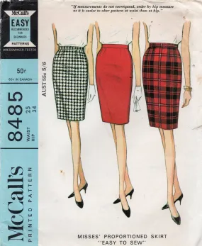 McCall's 8485 Womens EASY Proportioned Pencil Skirts 1960s Vintage Sewing Pattern Waist 25 inches UNCUT Factory Folded