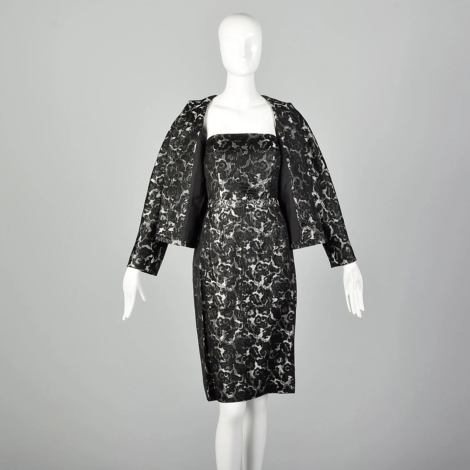 Medium Guy Laroche 1980s Silver and Black Brocade Skirt Jacket Top Set