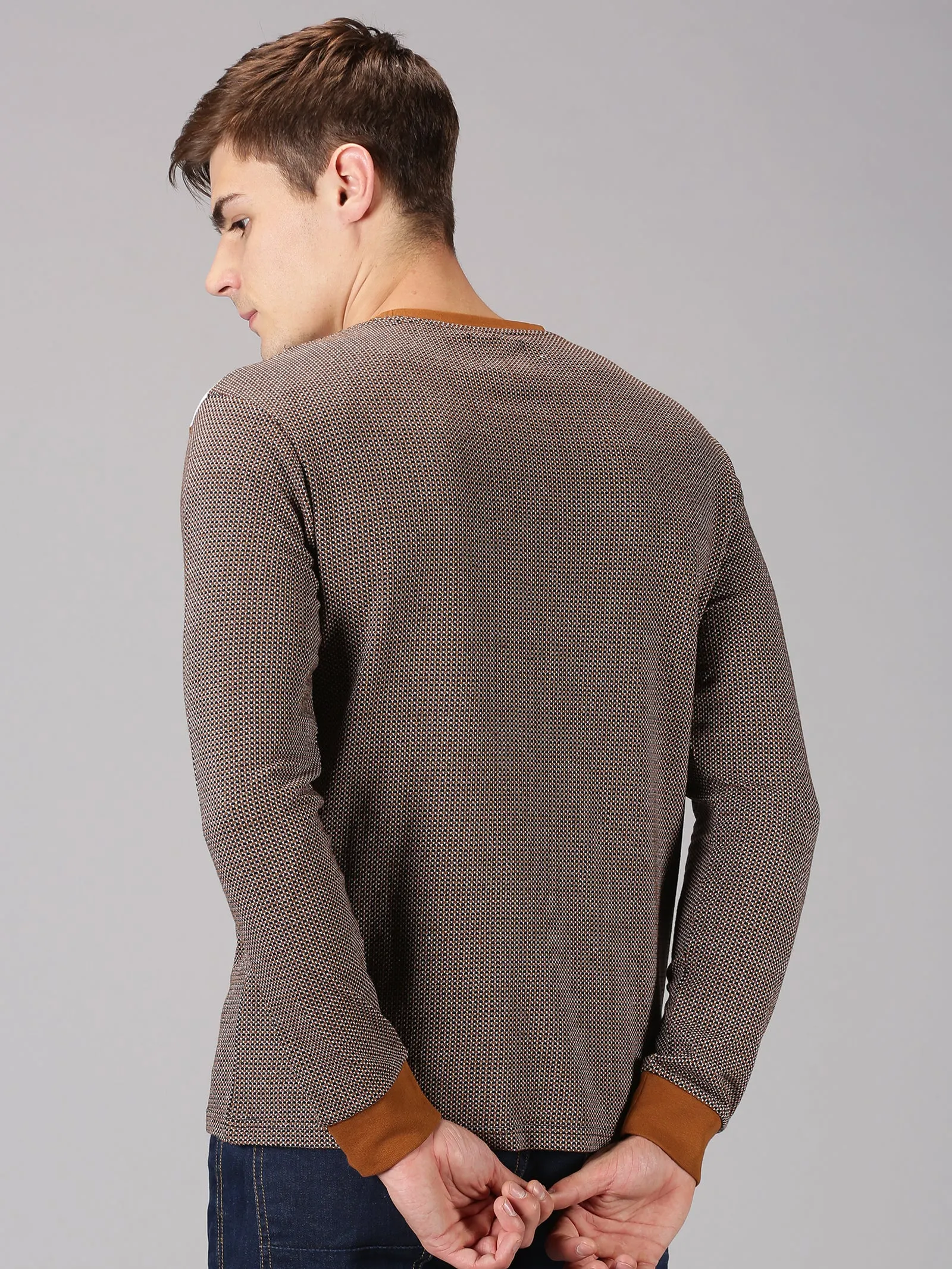 Men Brown White Color Blocked Round Neck Recycled Cotton Full Sleeve Regular Fit Casual T-Shirt