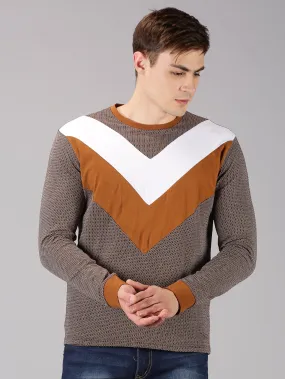 Men Brown White Color Blocked Round Neck Recycled Cotton Full Sleeve Regular Fit Casual T-Shirt