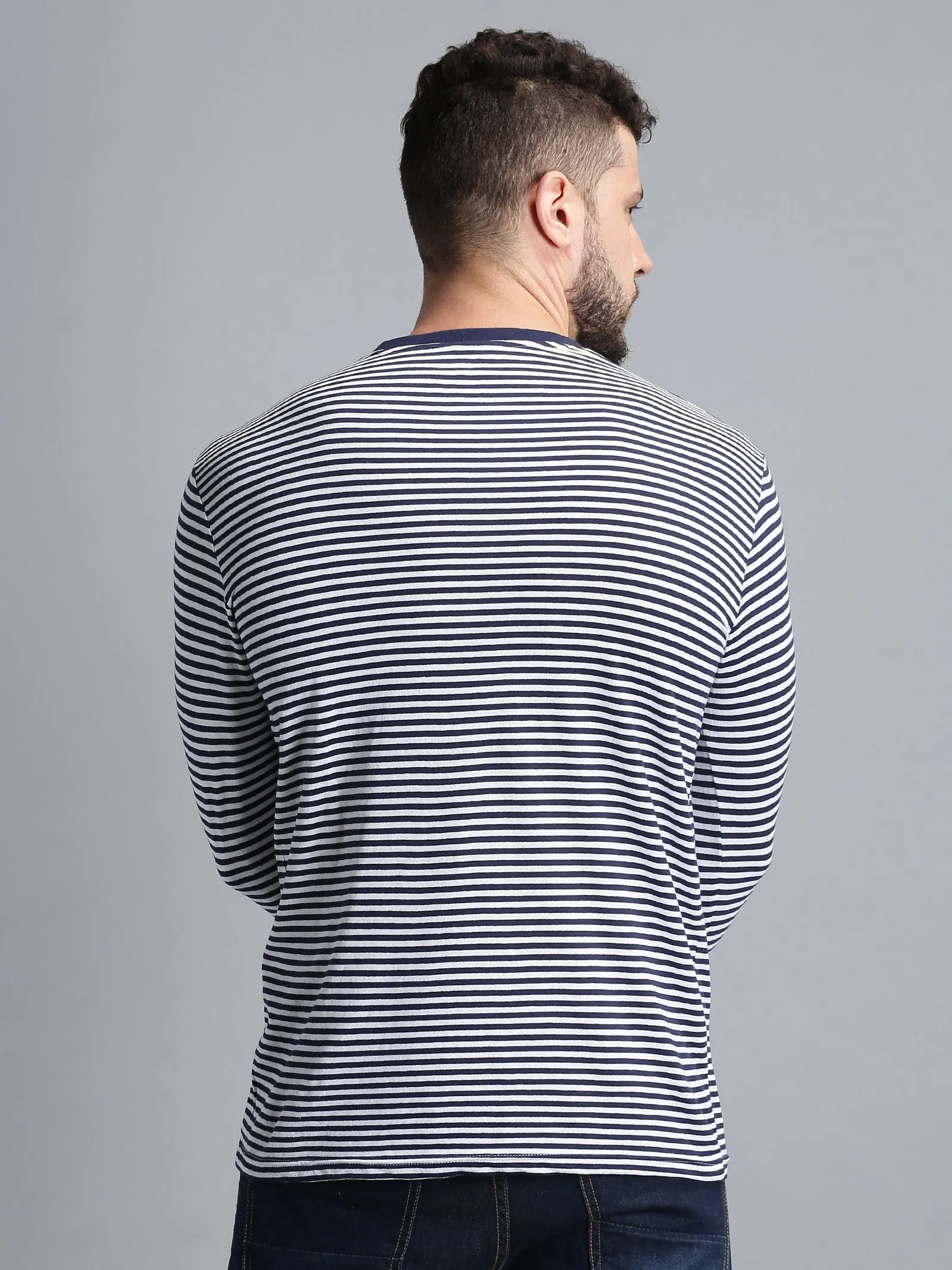 Men Navy Blue White Yarn Dyed Stripes Round Neck Recycled Cotton Full Sleeve Regular Fit Casual T-Shirt