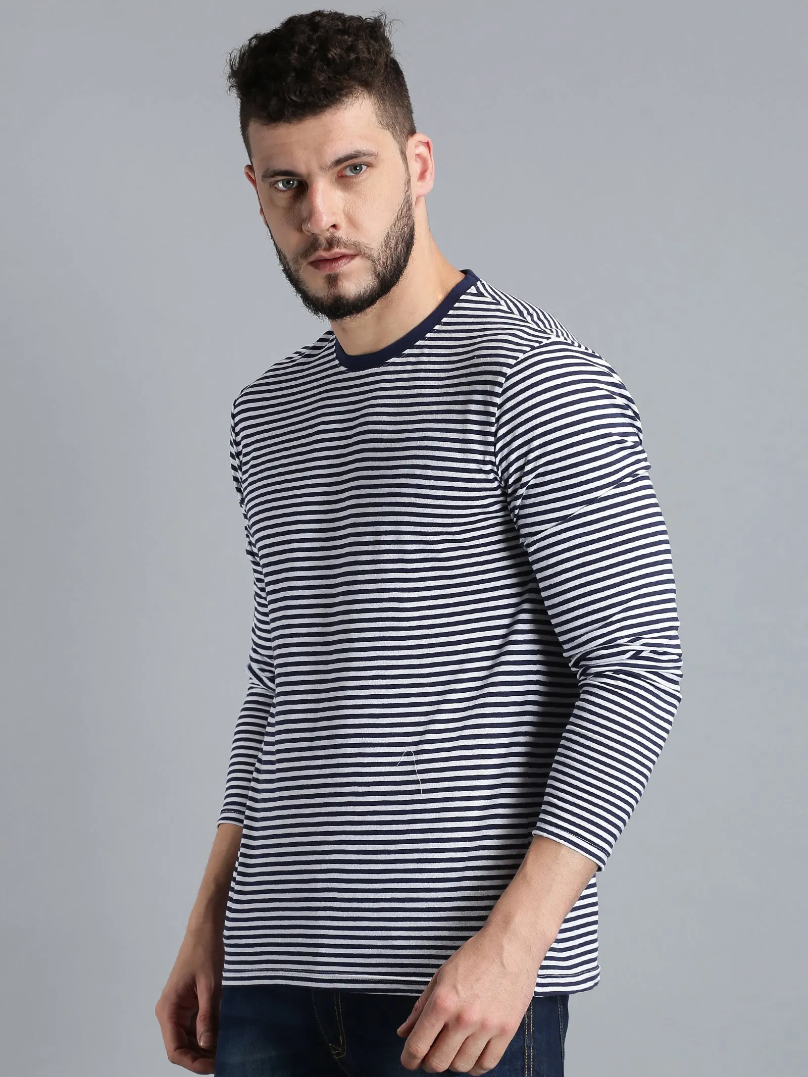 Men Navy Blue White Yarn Dyed Stripes Round Neck Recycled Cotton Full Sleeve Regular Fit Casual T-Shirt