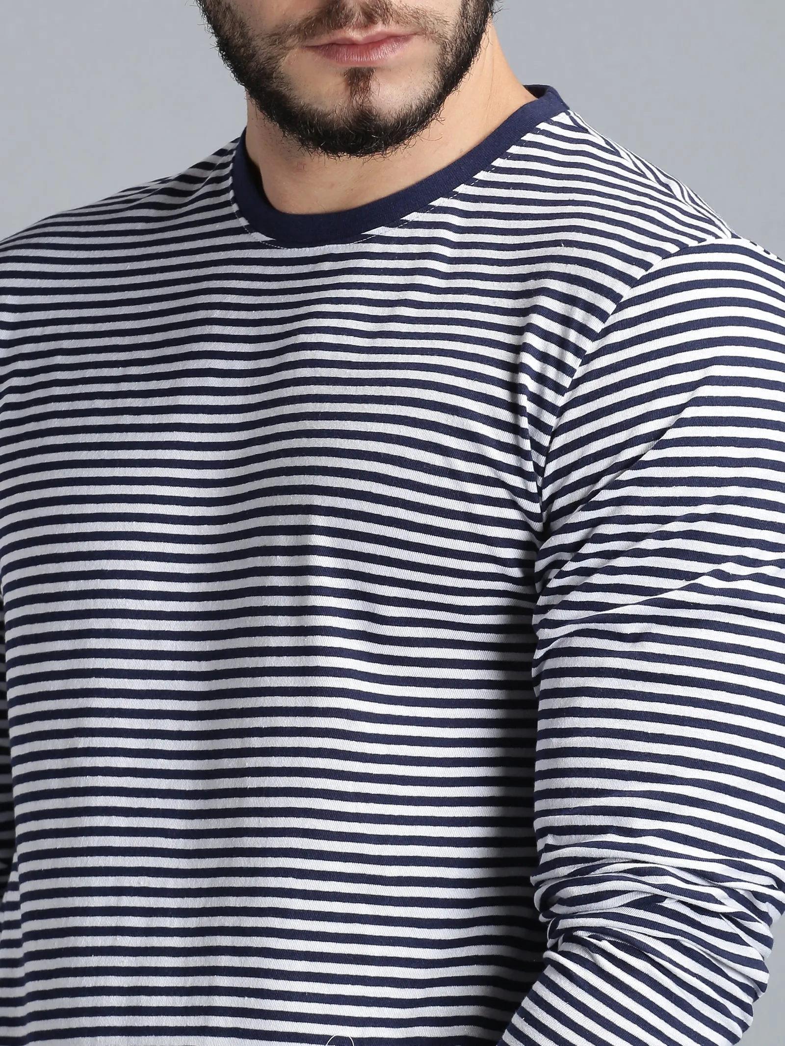 Men Navy Blue White Yarn Dyed Stripes Round Neck Recycled Cotton Full Sleeve Regular Fit Casual T-Shirt