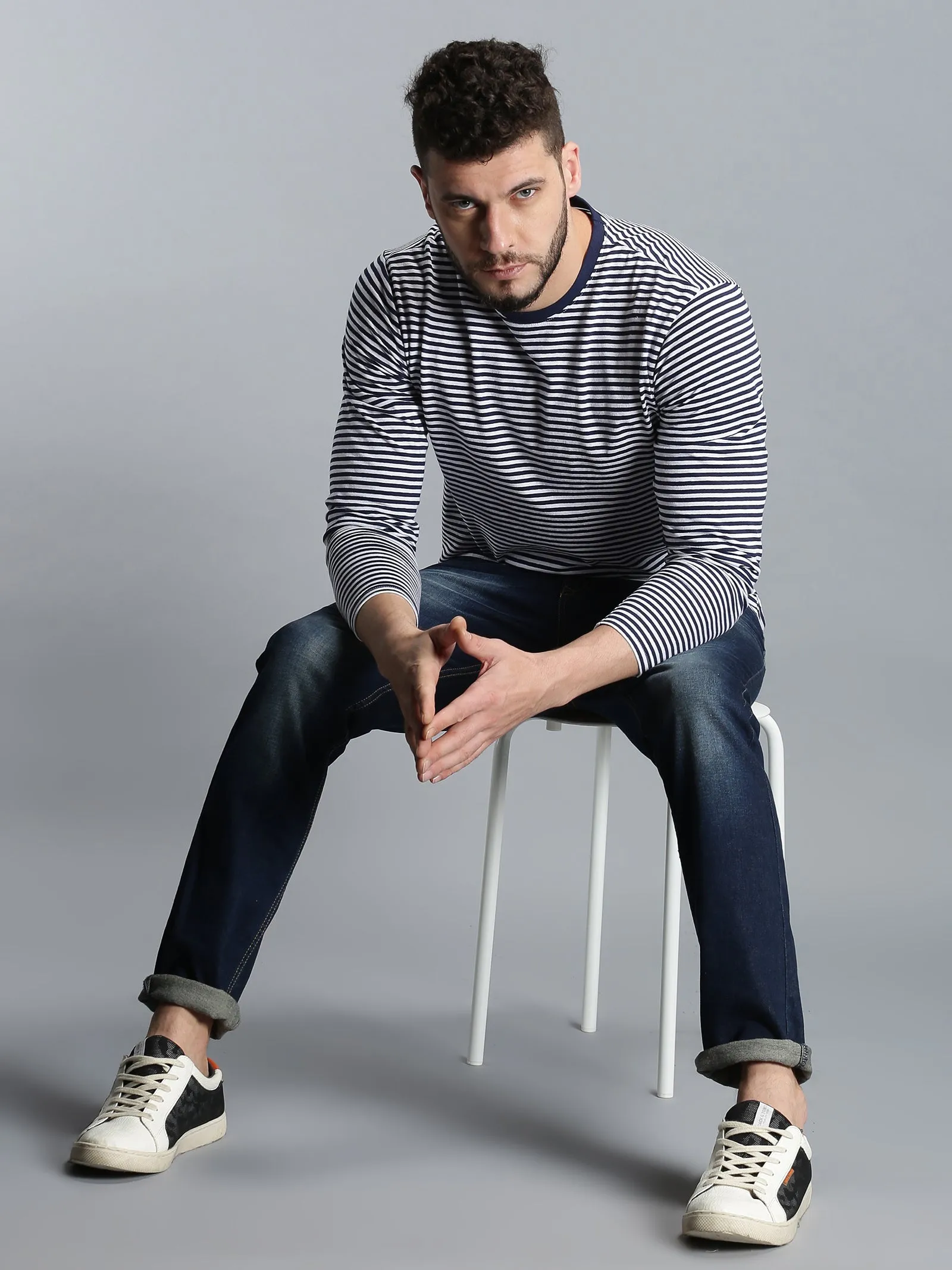 Men Navy Blue White Yarn Dyed Stripes Round Neck Recycled Cotton Full Sleeve Regular Fit Casual T-Shirt