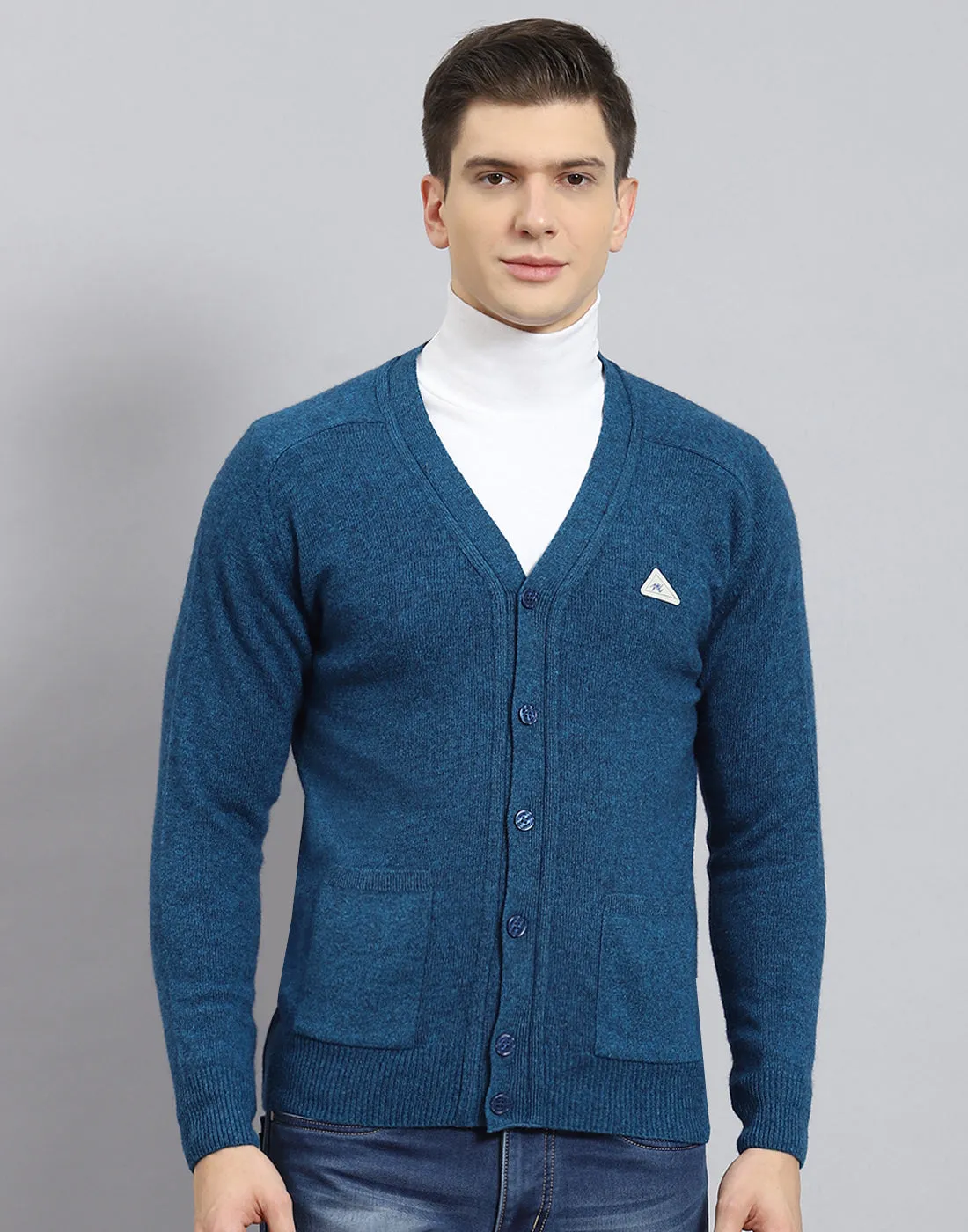 Men Turquoise Blue Solid V Neck Full Sleeve Cardigan