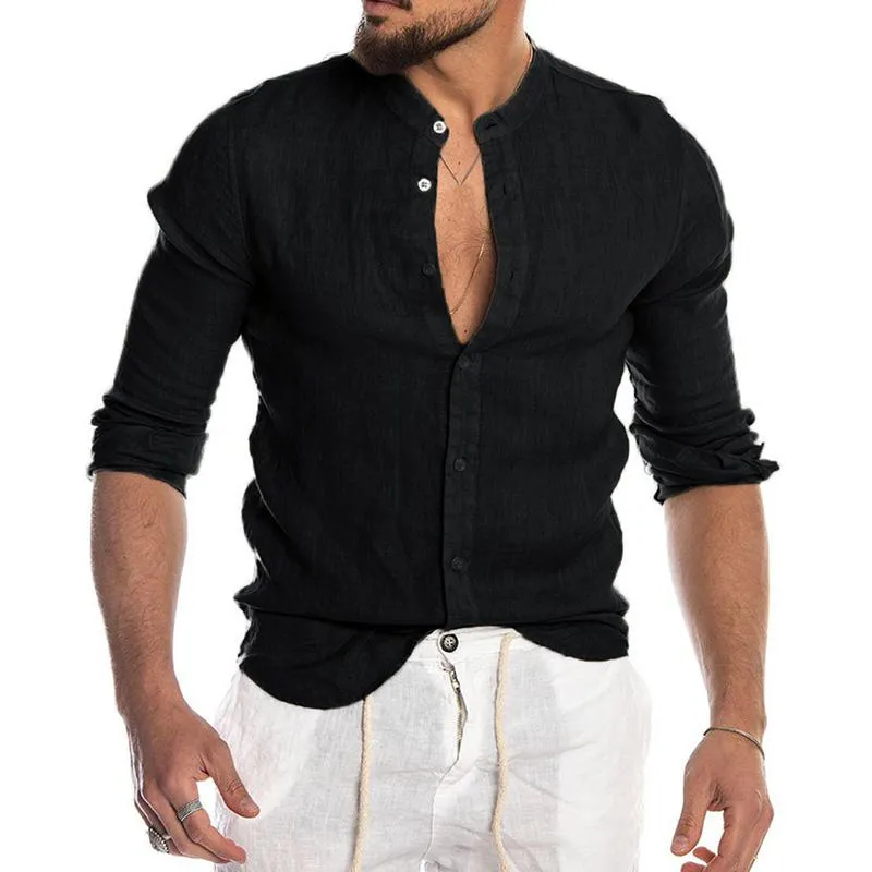 Men'S Linen Button Stand Collar Long Sleeve Shirt