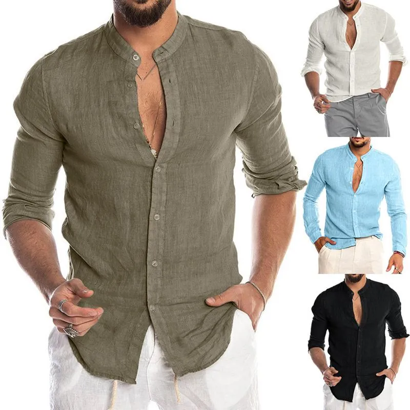 Men'S Linen Button Stand Collar Long Sleeve Shirt