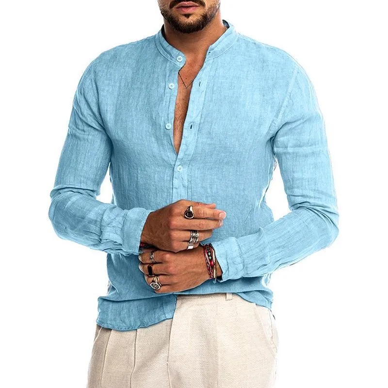 Men'S Linen Button Stand Collar Long Sleeve Shirt