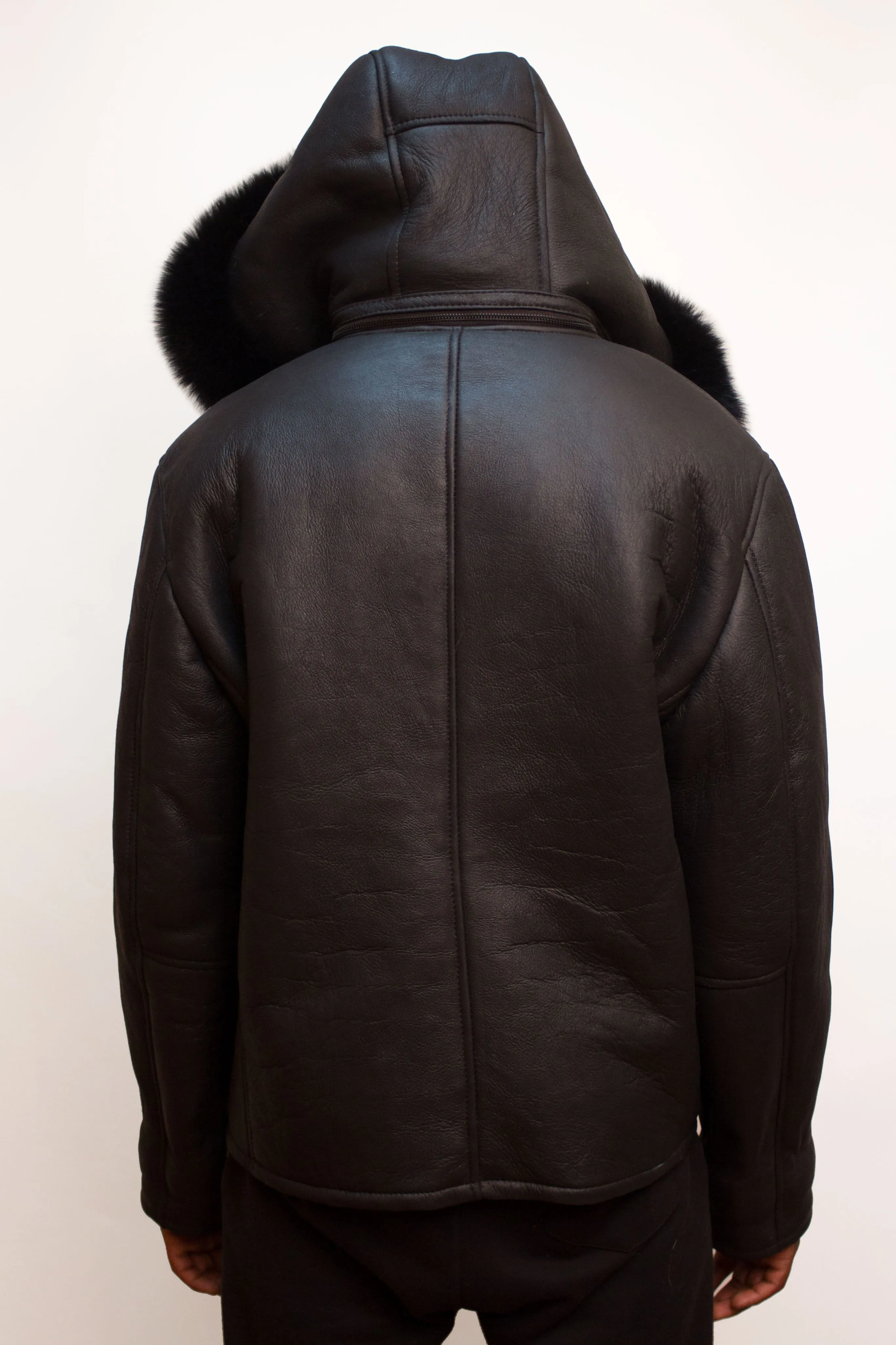 Men's Shearling Winter Jacket with Hood Fur Black Style #900H