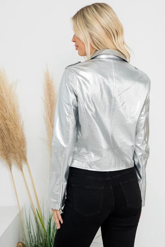 Metallic Faux Leather Crop Moto Jacket