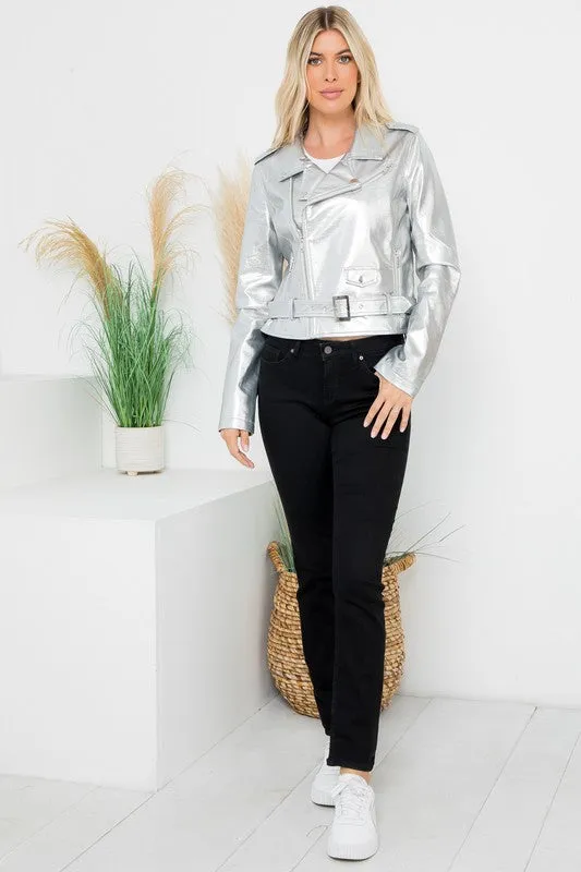 Metallic Faux Leather Crop Moto Jacket