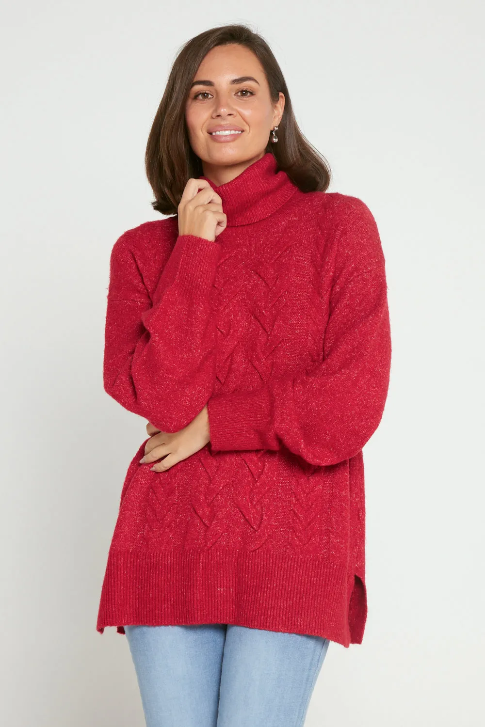 Miya Cowl Cable Knit Jumper - Raspberry