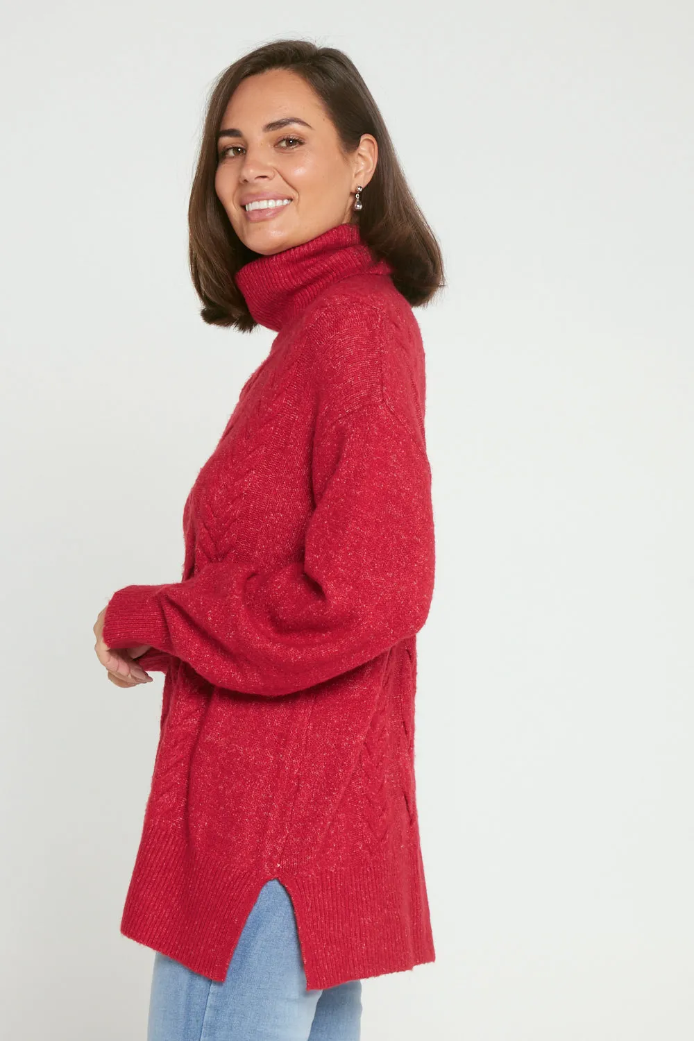 Miya Cowl Cable Knit Jumper - Raspberry