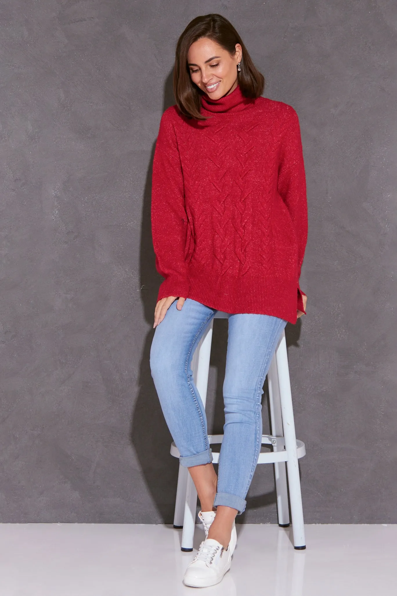 Miya Cowl Cable Knit Jumper - Raspberry