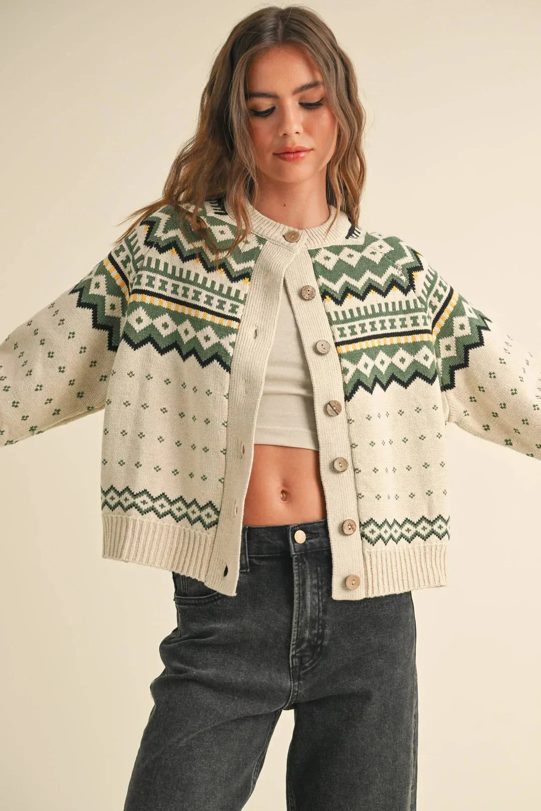 MULTI PATTERN BUTTON FRONT SWEATER CARDIGAN