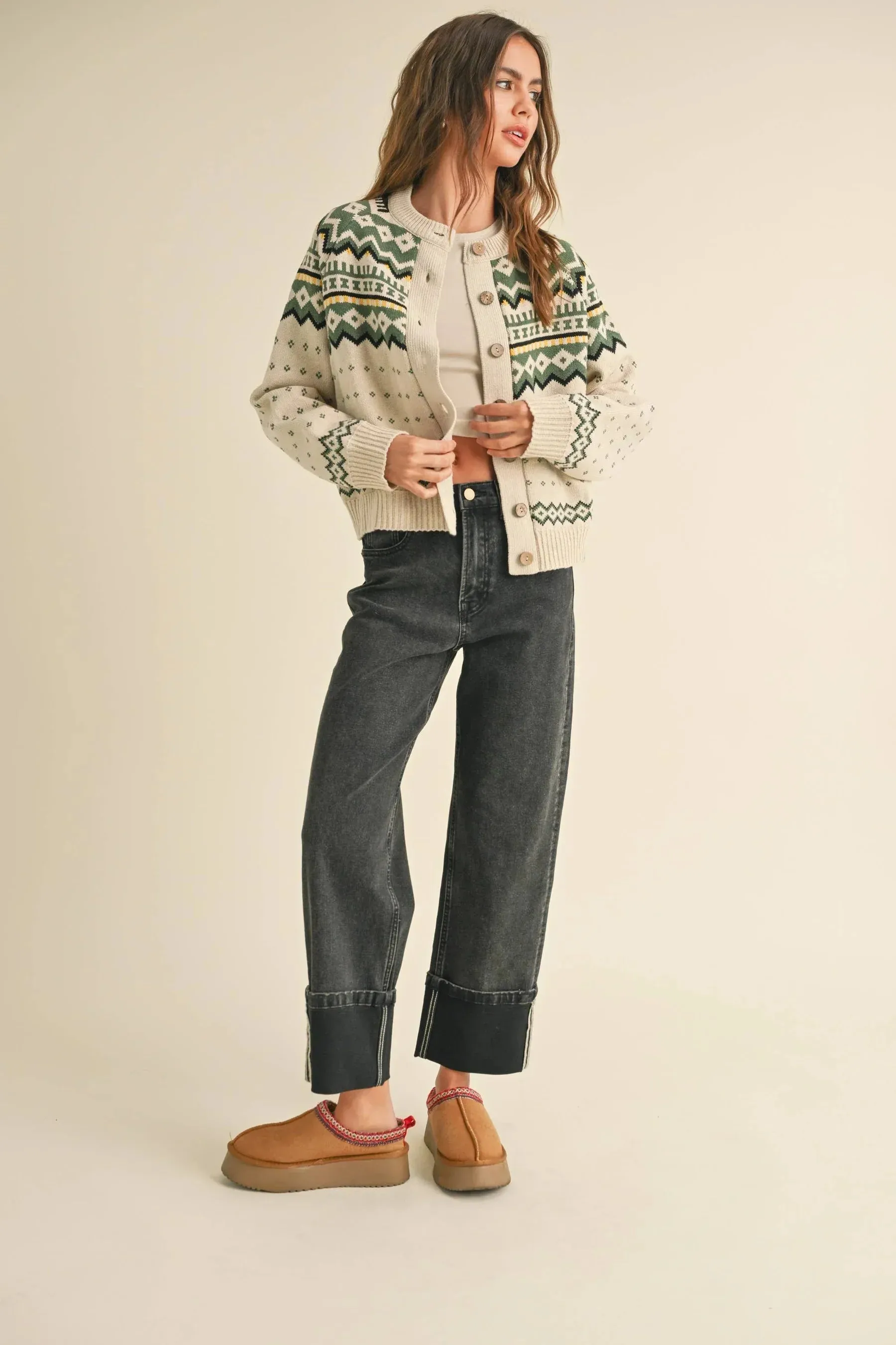 MULTI PATTERN BUTTON FRONT SWEATER CARDIGAN