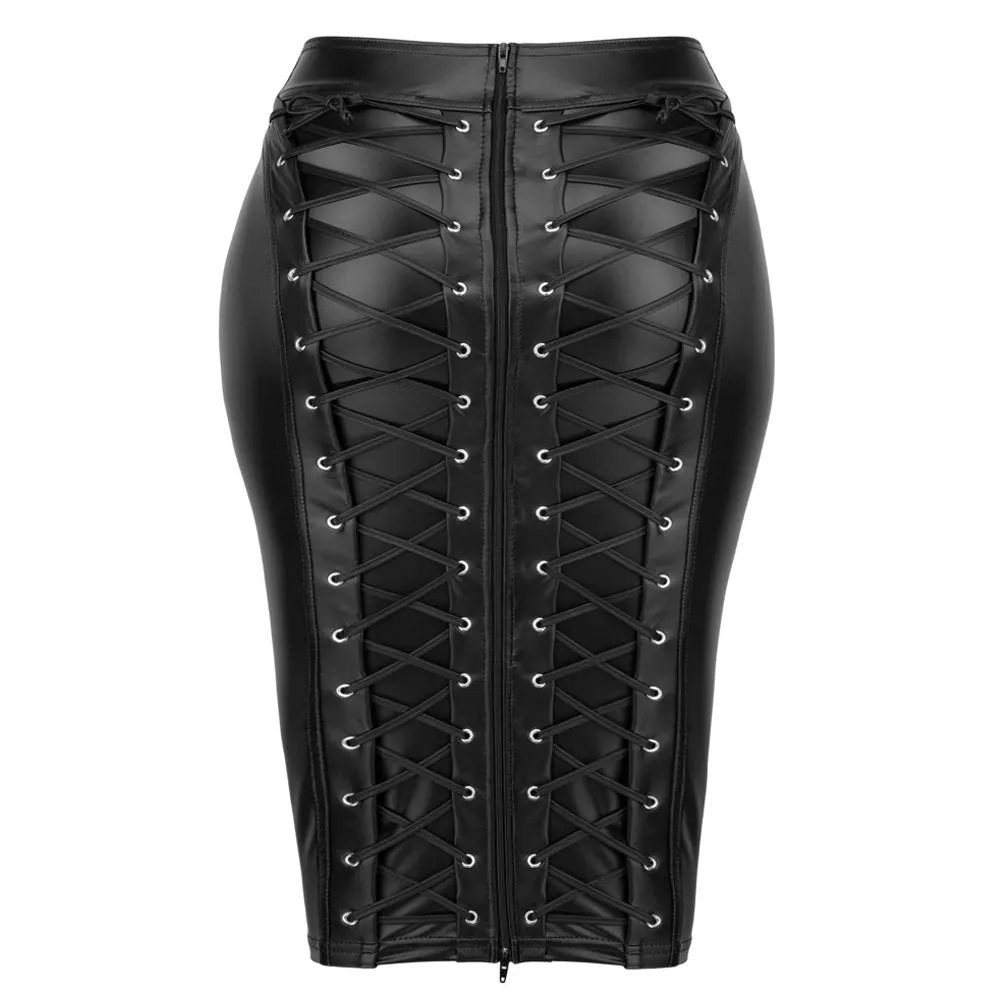 Noir Handmade Powerwetlook Zip-Up Corset Lacing Pencil Skirt - Curvy