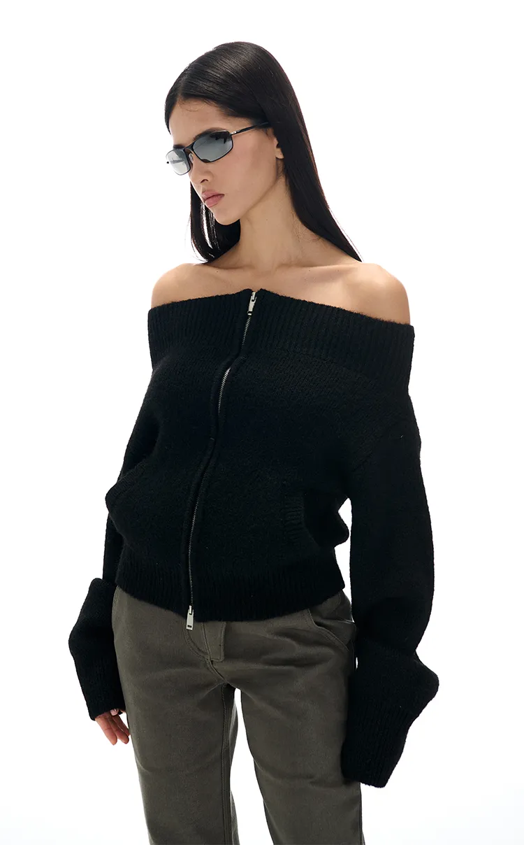 Off-The-Shoulder Zipper Knit Cardigan